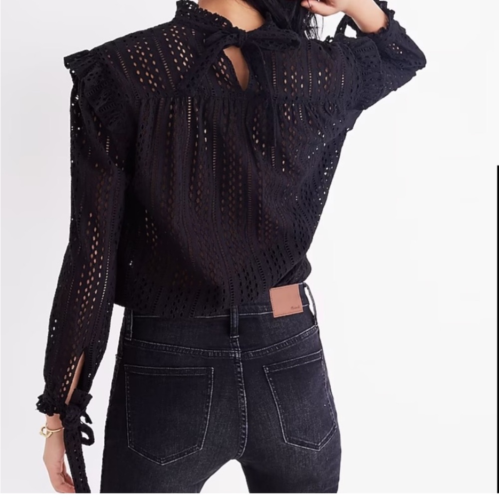 Madewell Black Eyelet Blouse tie detail long sleeve Eyelet Mockneck Ruffle Top